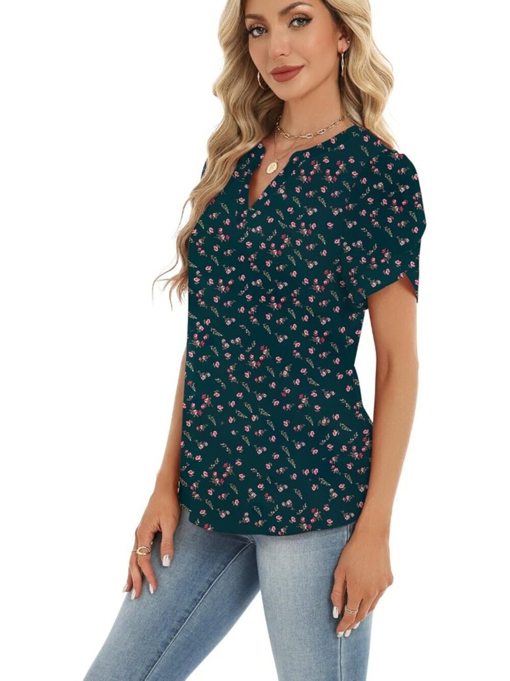 Women's Dark Green Floral Short Sleeve V Neck Imported Casual Blouse Tops Shirts - Picture 4 of 6